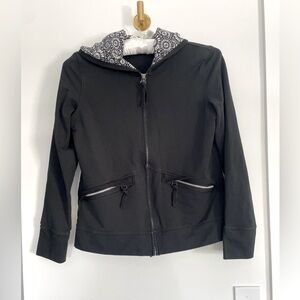 LOFT Size Medium Black Hoodie Jacket with Floral Hood and Zippered Pockets